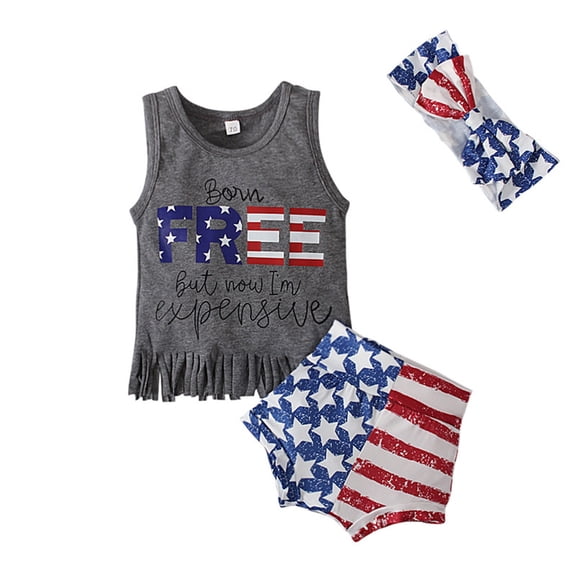 Toddler Girl Outfits Kids Stars and Stripes Print USA 250th Anniversary Crew Neck Sleeveless Top with Above Knee Shorts and Headband Three Piece Set Grey 18 Months-24 Months