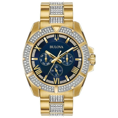- Bulova Men's Goldtone Crystal Watch with Multi-Function Blue Dial