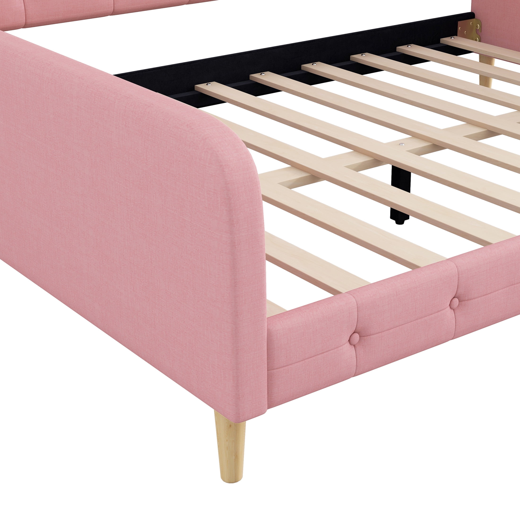 Noble House Havina Queen Upholstered Daybed, Button Tufted Linen Sofa Guest Bed with Slat Support Frame, Pink