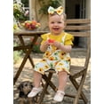 thumbnail image 6 of BemeyourBBs Toddler Baby Girl Summer Clothes Spring Fall Winter Romper Floral Print Patchwork Short Sleeve Fake Two-piece Jumpsuit with Headband Set 2 Piece Outfits, 6 of 9