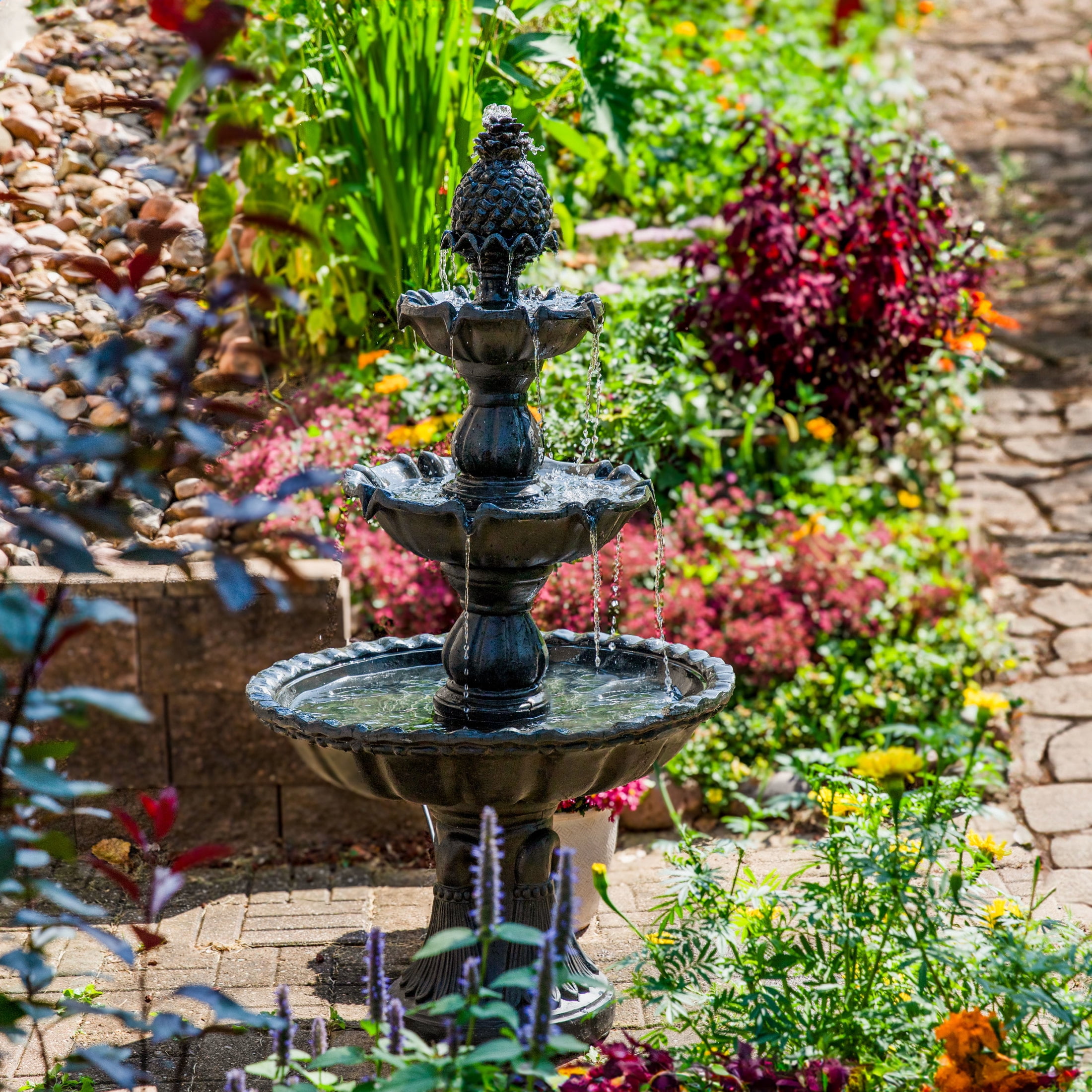 Sunnydaze Welcome Traditional Deep Espresso Fiberglass 3-Tier Outdoor Water Fountain