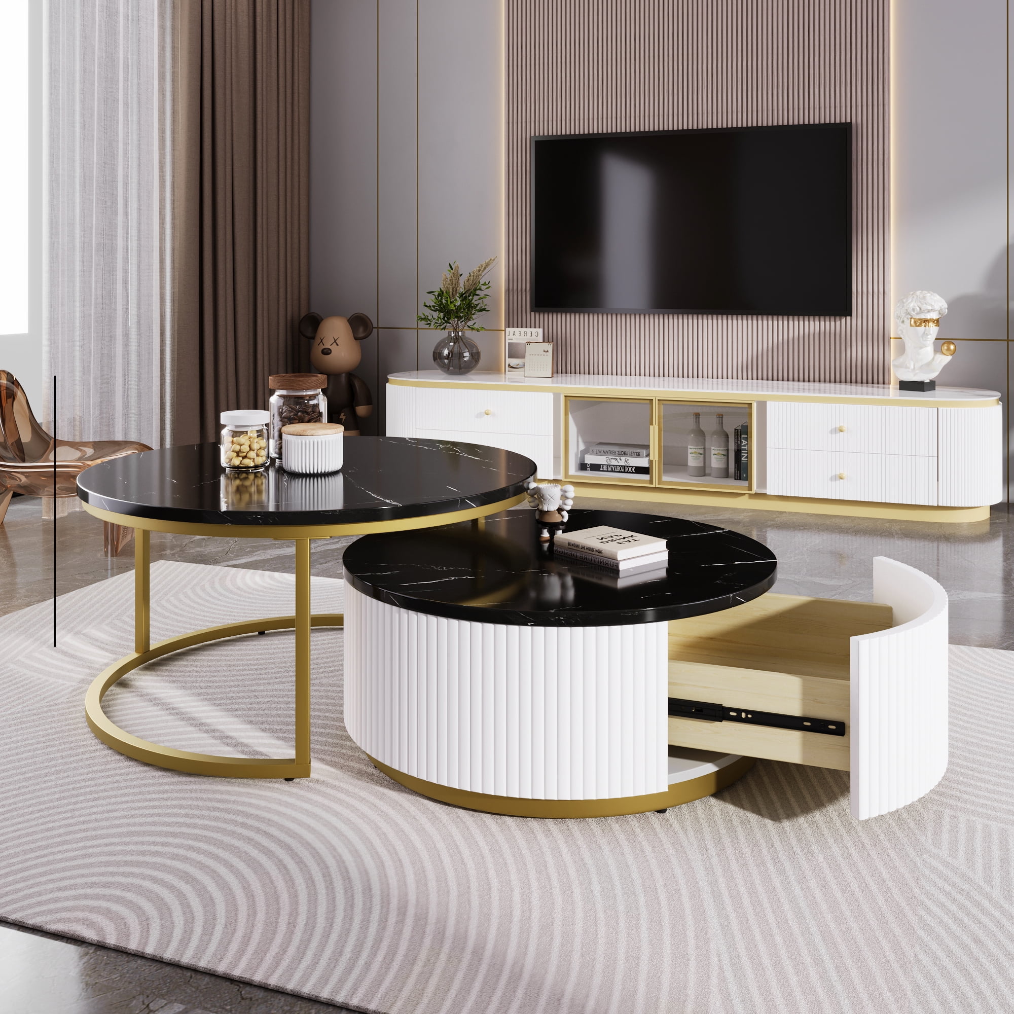 Harper & Bright Designs Gold Round Nesting Coffee Table Set of 2, Fluted Center Table with Glod Legs, Modern End Table with Drawer for Living Room