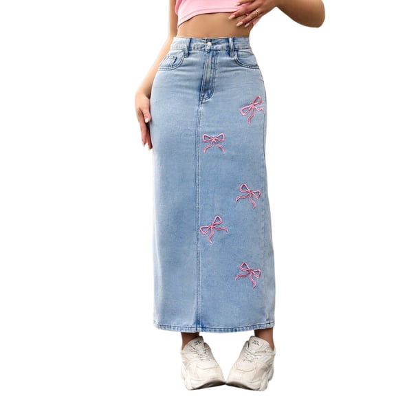LWavelet Bow Embroidered Denim Maxi Skirt Women Cute Fall Casual Stylish Versatile Bottoms Blue M