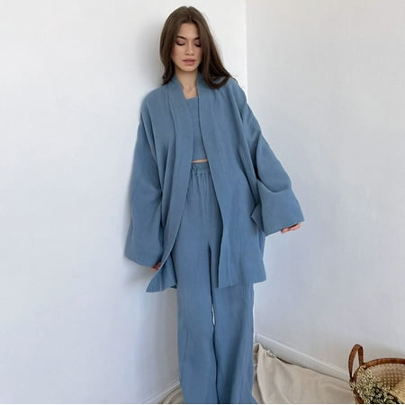 

Kimono Pajamas 2023 New 100% Cotton Crepe Long-Sleeved Trousers Ladies Sleepwear Suit Women s Home Service Mujer
