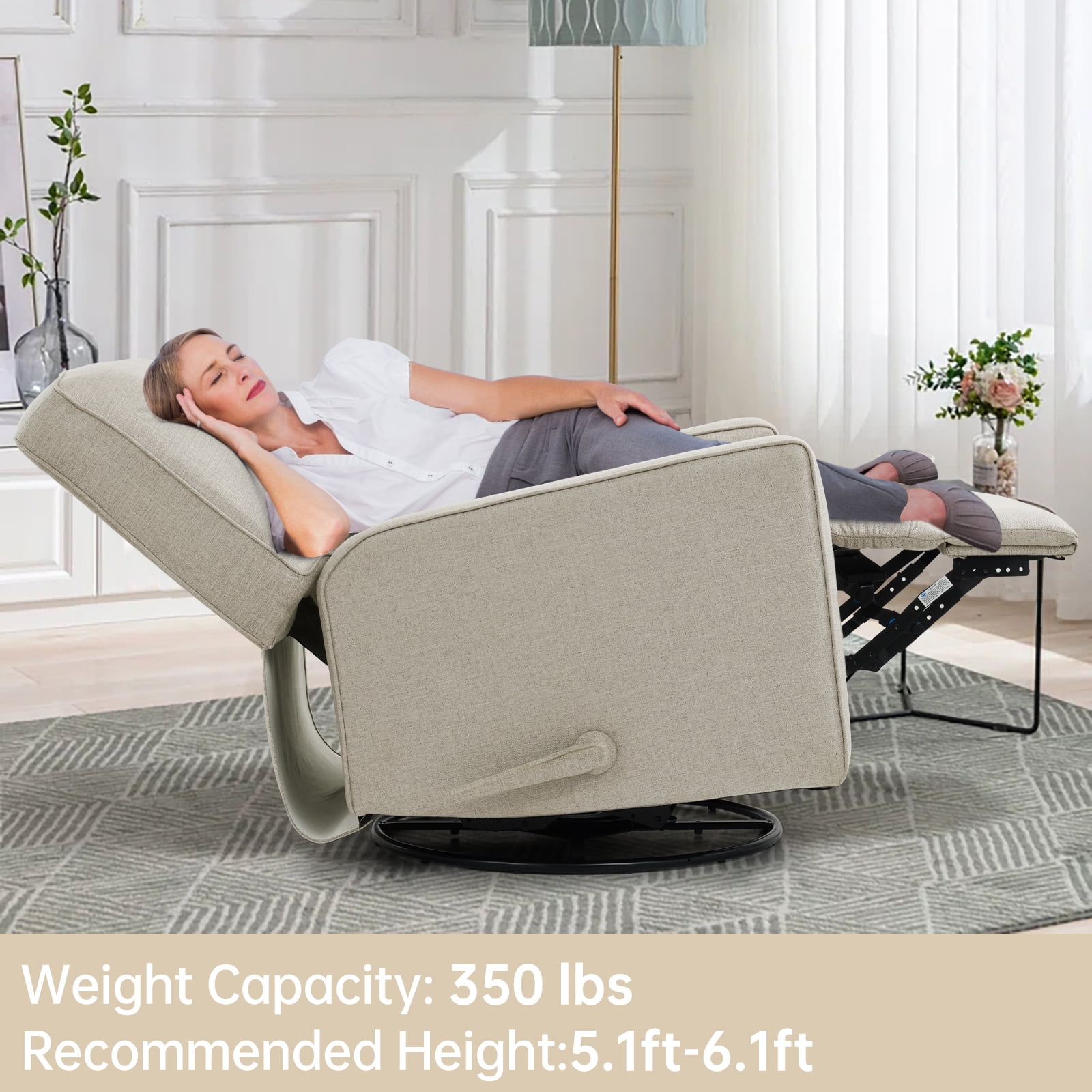 MERITLIFE 360 Rocking Swivel Recliner Chair,Upholstered Fabric Manual Reclining Recliner, Extra Large Footrest for Reading,Nursery Glider Chair(Beige)