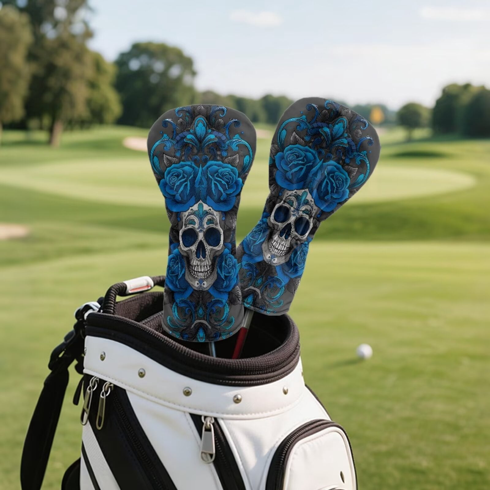 Uorisanigo Golf Club Headcover for Fairway Woods Driver Hybrids, Premium PU Leather 3-Pack Blue Ethnic Skull Golf Club Headcovers Set with Abrasion-Resistant Soft Lined Interior