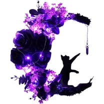 Wiher Halloween Wreaths Decor with Lights for Front Door, 13.77" Halloween Moon Wreath with Black Cat Wood Wreath Halloween Wreath Horror Decorations for Home Party Window Wall Indoor Outdoor A