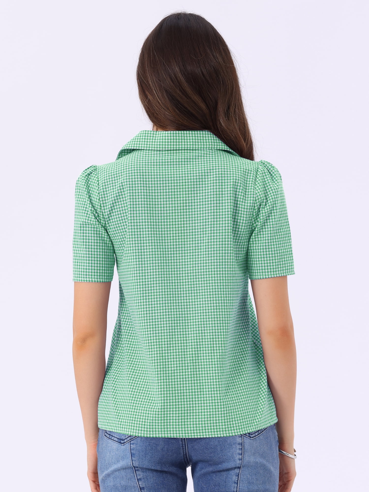 DARING DIVA Women's Plaid Puff Sleeves Gingham Blouse Shirt M Light Green