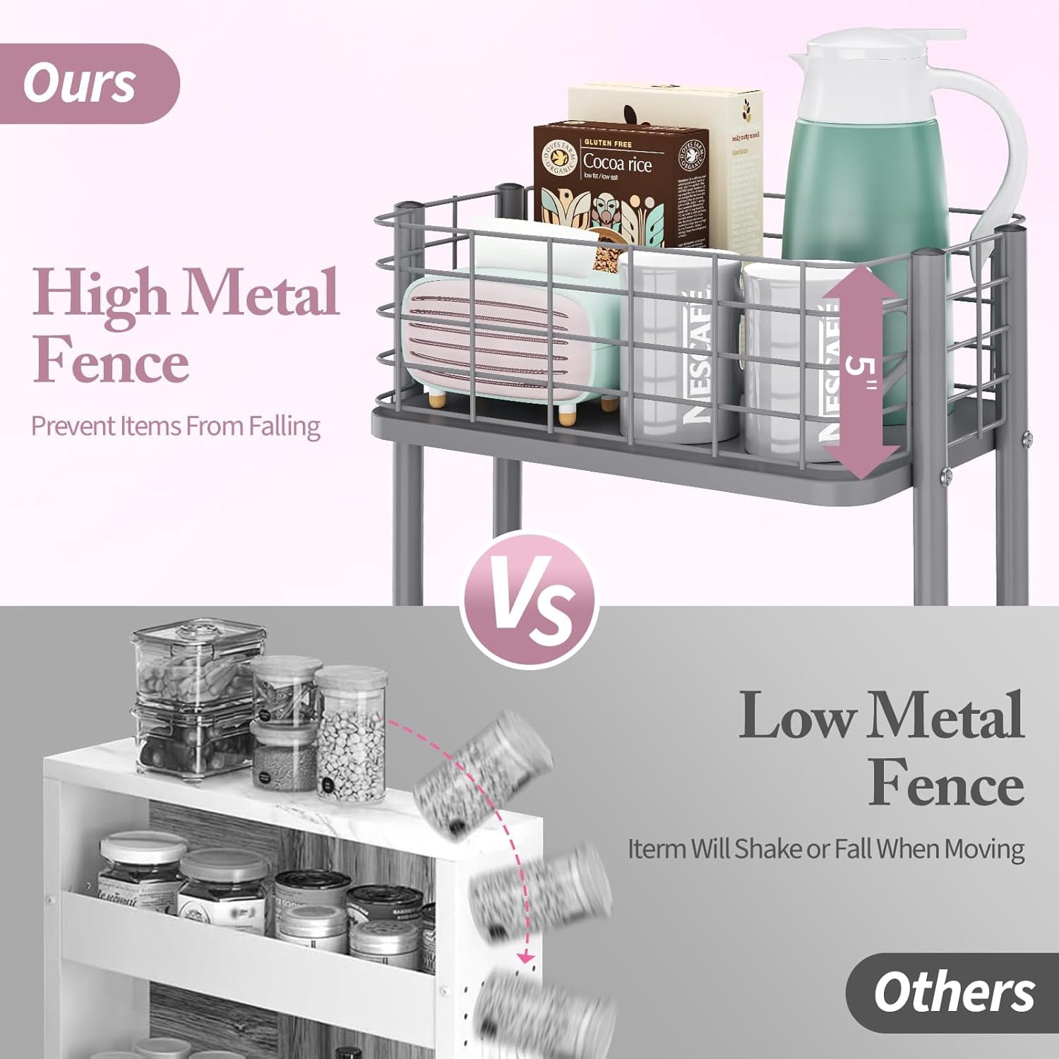 3 Tier Utility Cart, Metal Rolling Cart Organizer, Storage Cart on Wheels, Book Cart, Diaper Cart for Bathroom, Kitchen, Office, Bedroom, Gray