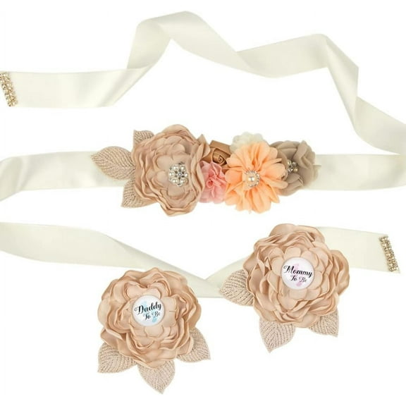 Maternity Flower Sash Belt for Baby Shower, Mommy To Be & Daddy To Be Badge Corsage Pins Set for Baby Shower Decorations Pregnancy Flower Belly Belt