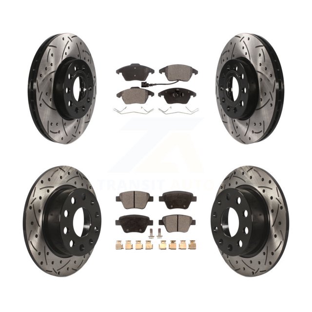 Transit Auto Front Rear Coated Drilled Slotted Disc Brake Rotors and Ceramic Pads Kit for Car 2017-2018 Volkswagen Jetta 1.8L 1.4L with 272mm Diameter Rotor KDT-100309