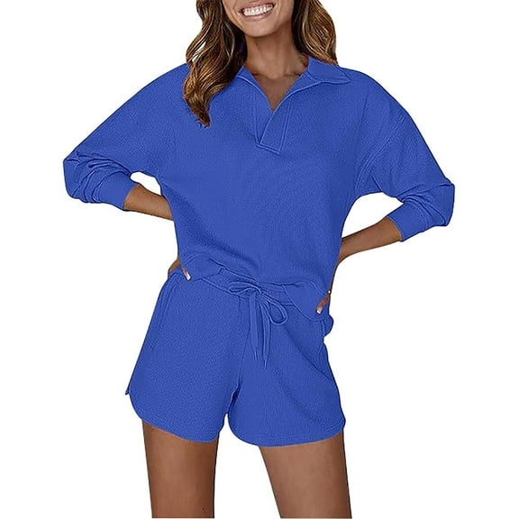 2 Piece Outfits for Women Long Sleeve Top and Shorts Set Solid Color Sweatsuits V-Neck Tracksuit Oversized Winter Casual Suit (Blue L)