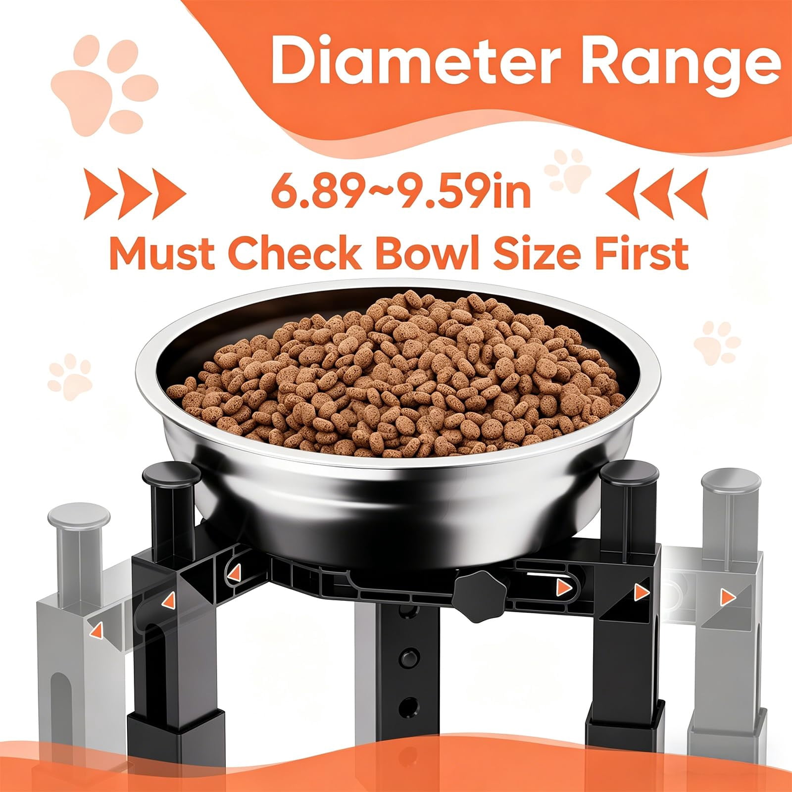 Adjustable dog bowl stand w/ non-slip base fits all bowl types (steel/ceramic/plastic). Promotes digestion & joint health. For S/M/L dogs. Black