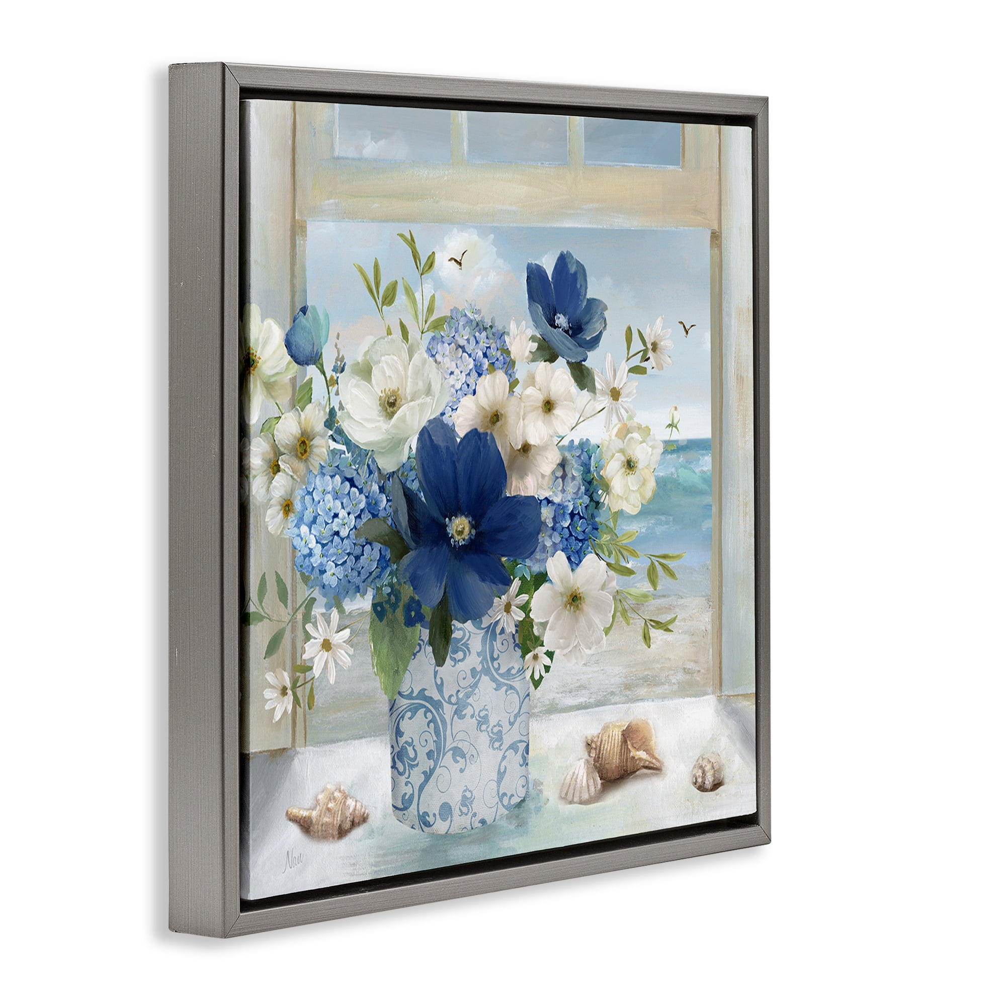 Stupell Industries Seaside Blue & White Arrangement Gray Framed Floater Canvas Wall Art, design by Nan