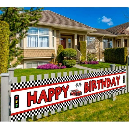 Lager Race Car Happy Birthday Banner, Red Racing Themed Party Supplies Decorations, Let's Go Racing Checkered Flag, Backdrop Background Table Cover