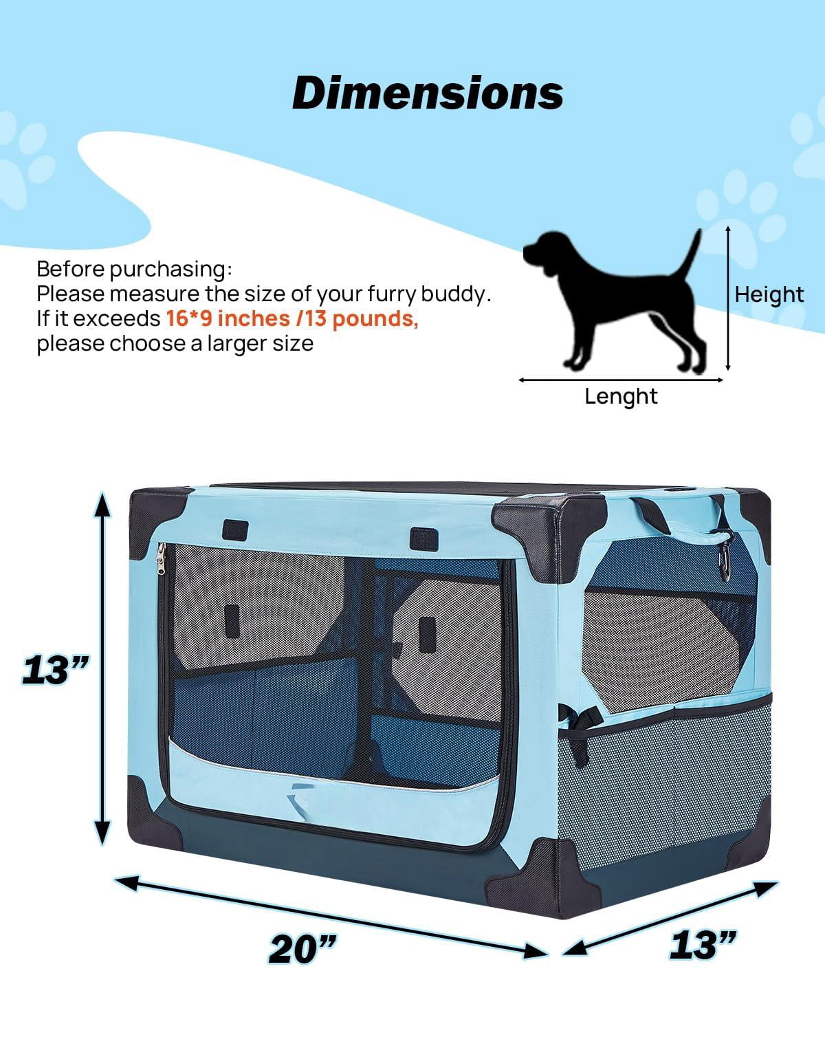 Collapsible Dog Crate  20 Inch Portable Pet For Car Travel Foldable Puppy/small 18 Lbs Soft Cat Carrier Fit Indoor & Outdoor/car Back Seat/trunk (blue)