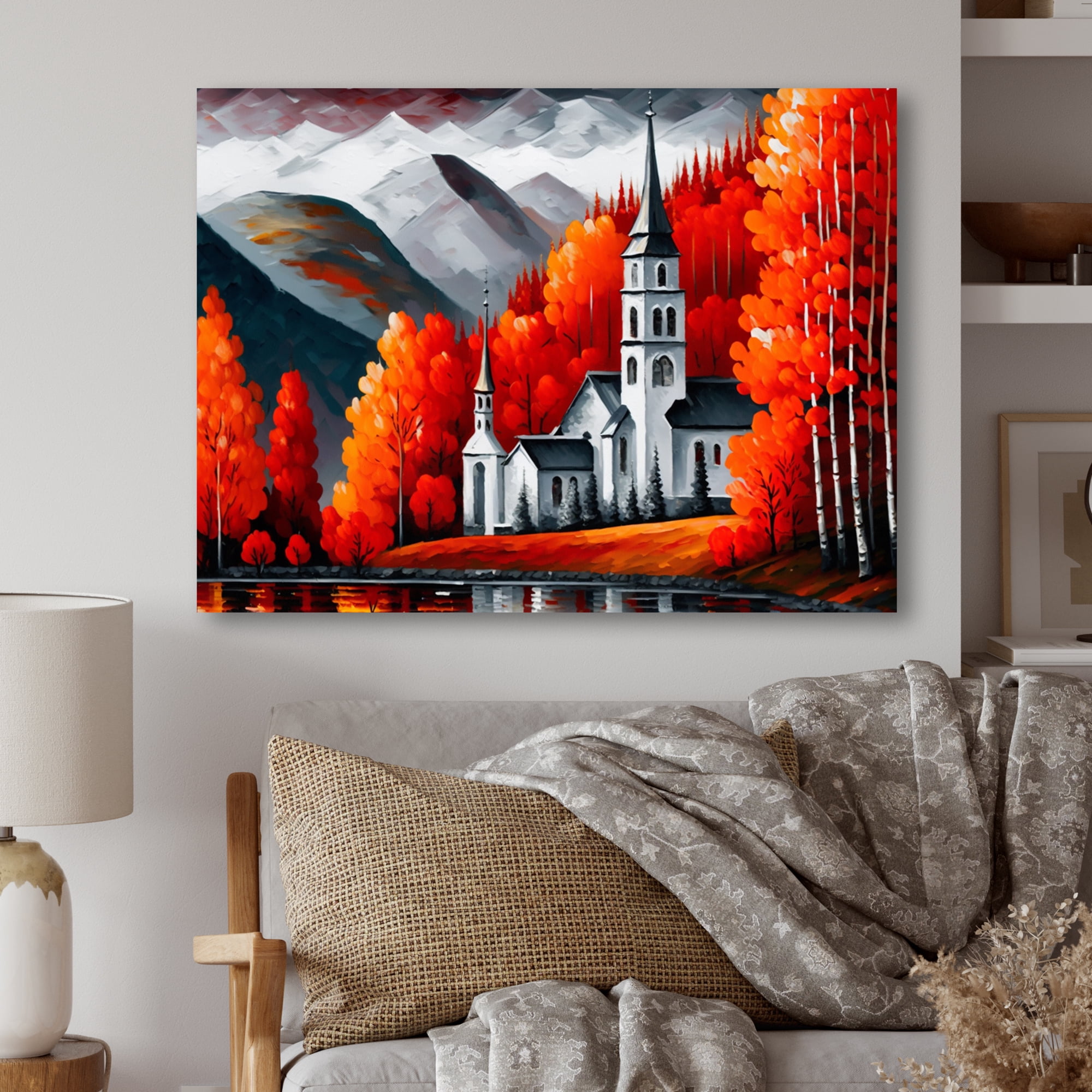 Designart Monochrome Orange Church In Winter Canvas Wall Art