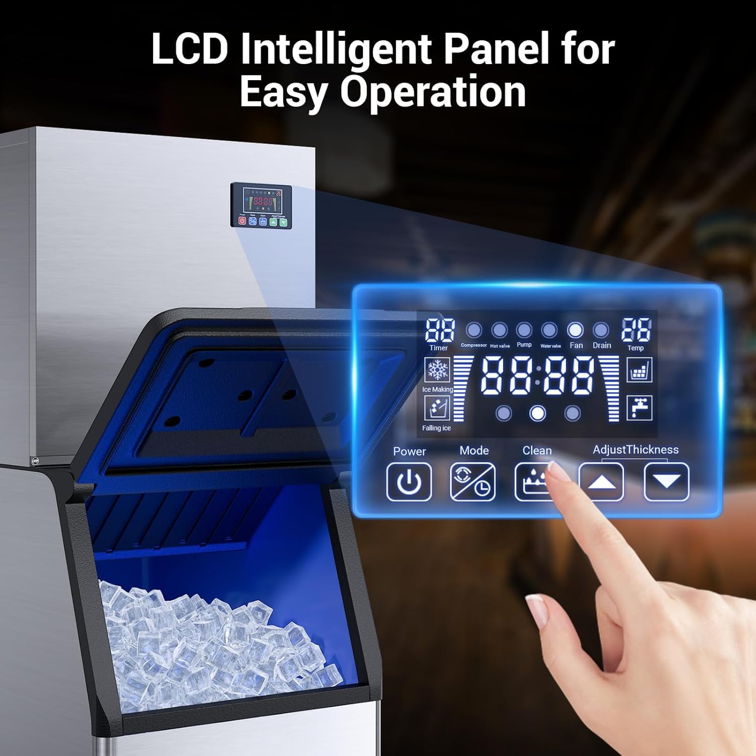 Industrial Stainless Steel Ice Maker - 580LBS/24H Production, 132 Cubes in 5-15 Mins, 12 Adjustable Thickness Settings for Hotel & Restaurant Use