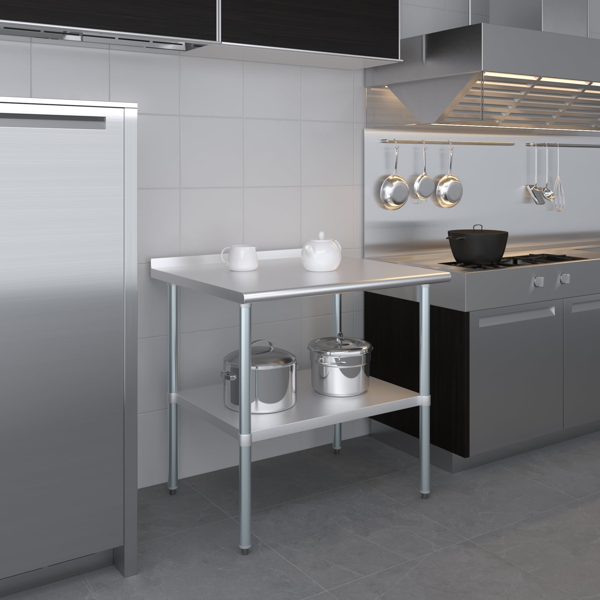 AmGood 30 in. x 36 in. Stainless Steel Work Table with 1.5 in. Backsplash | Metal Kitchen Food Prep Table