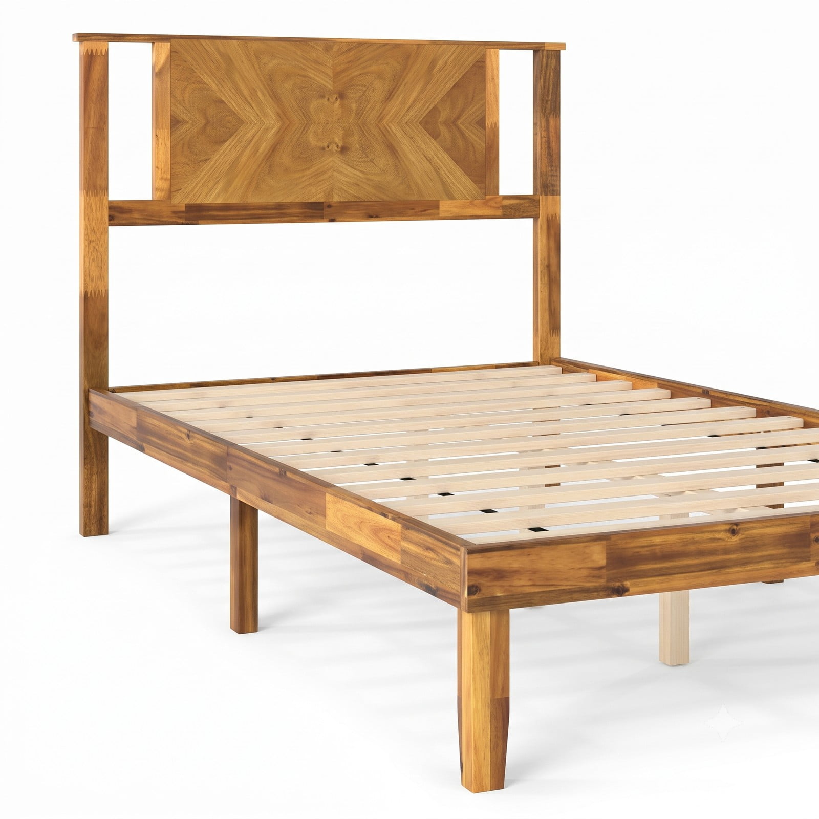 Furnibear Queen Size Bed Frame with Mid-Century Headboard, Acacia Wood Platform Bed Frame with Slat Support, Rustic Golden Brown