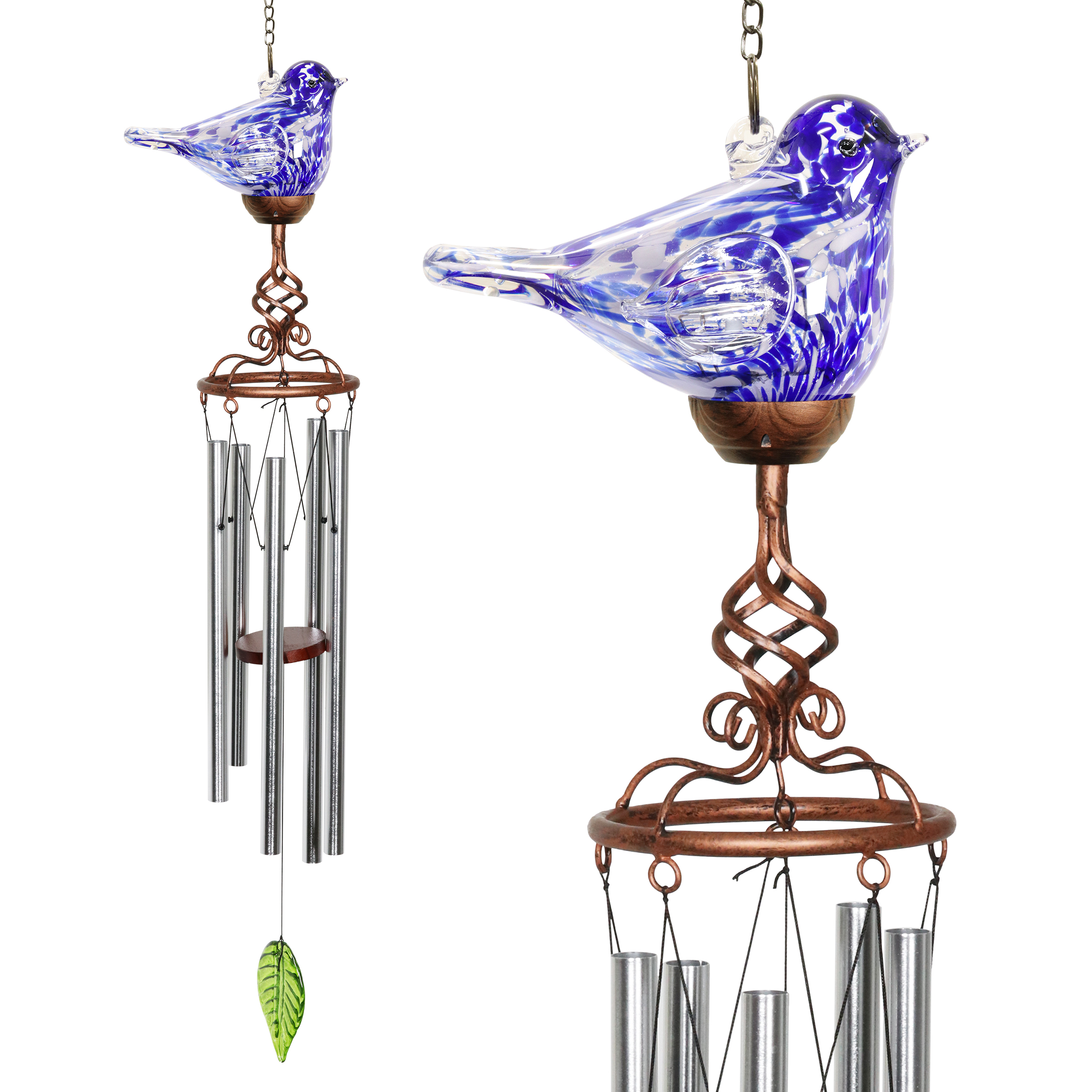 Exhart Solar Hand Blown Pearlized Glass Bird Wind Chime in Blue, 7 by