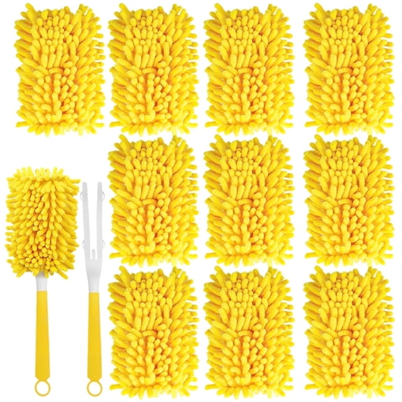 12 Pack Chenille Dust Duster with 2 Handles | Washable Microfiber Replacement Cleaning Pads | Reusable Dust Mop Pads for Hardwood & Tile Floors (Yellow)