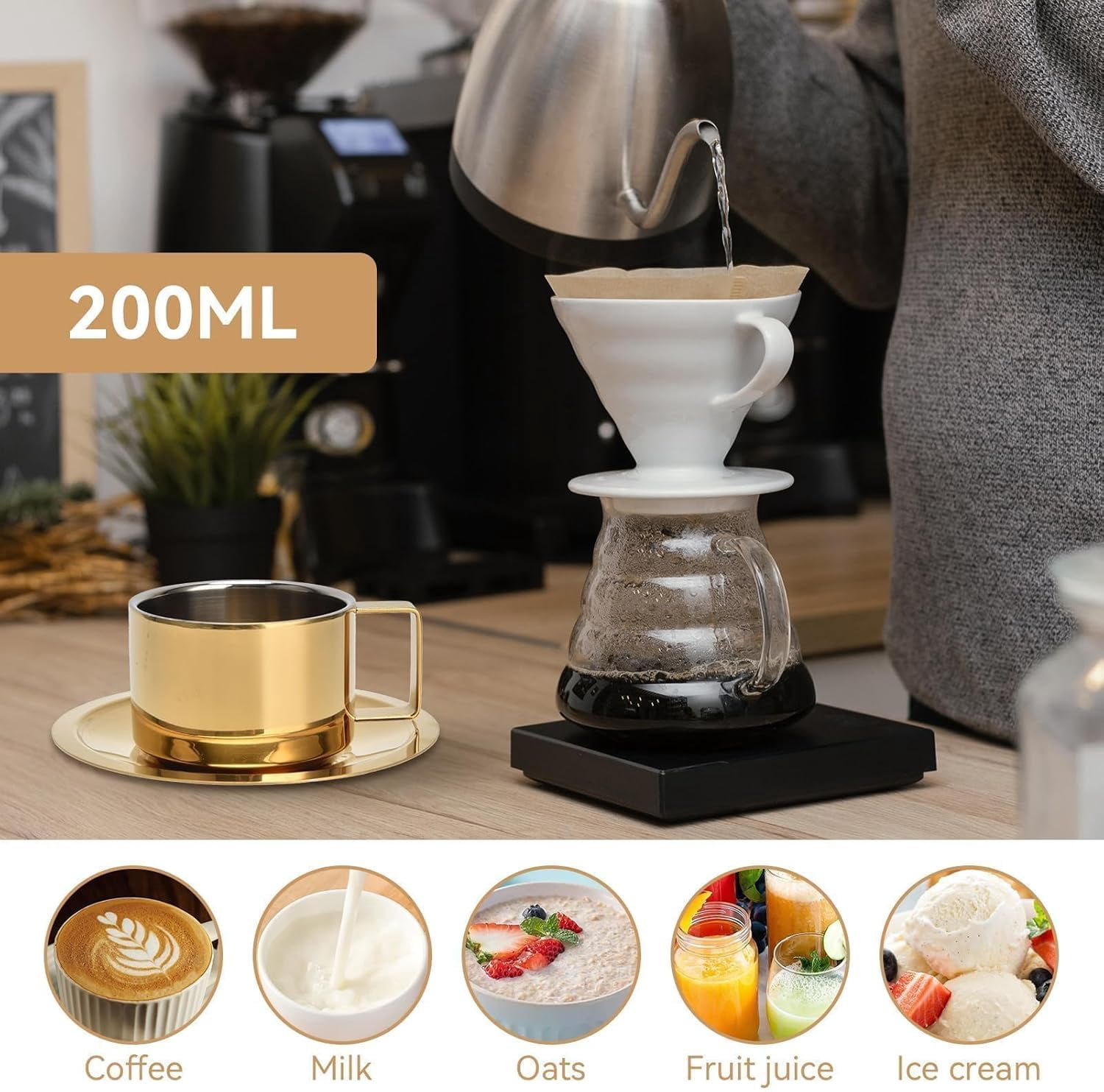 ABCISI 2Pcs Espresso Cups and Saucers Set, Coffee Cup and Saucer Set Coffee Mug Stainless Steel Demitasse Cups Exquisite Luxury Small Coffee Containers for Latte Cappuccino Tea, 200ML, Gold