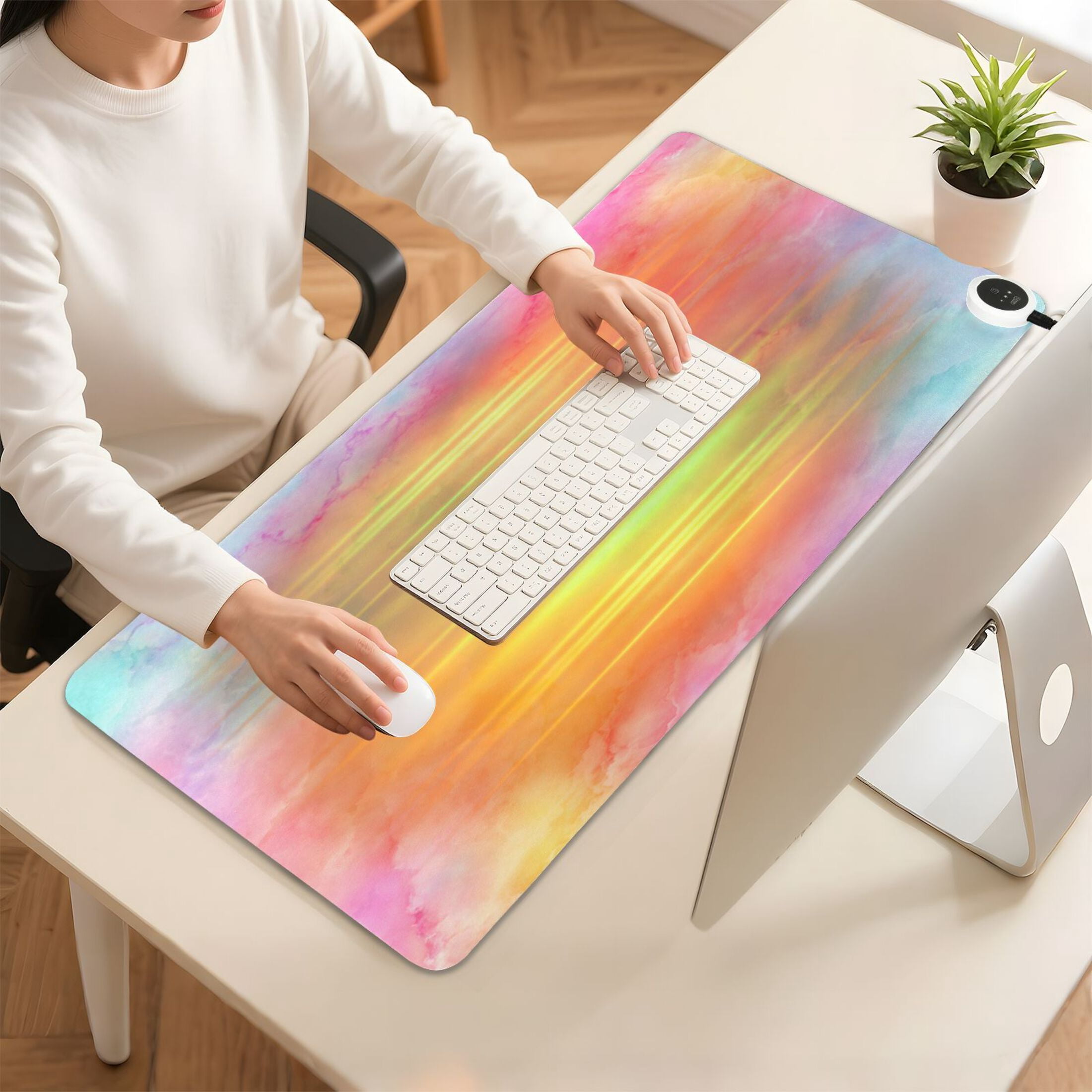 Large Heated Desk Mat Mouse Pad 31.5"x13"PU Leather Graphene Heating Desk Warmer with 3 Temperature Settings 110V US Plug Non-Slip Warm Pad for Home, Office, and Gaming Pastel Rainbow Tie-dye Pattern