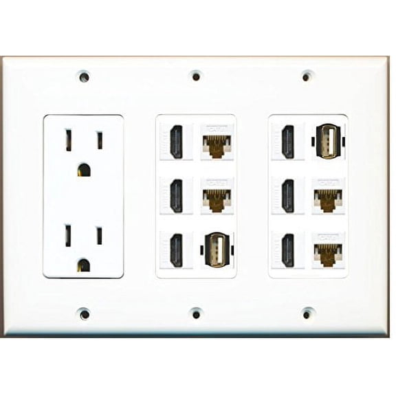 RiteAV - (3 Gang 15A Power Outlet 6 HDMI 4 Cat6 White 2 USB A-A Wall Plate White