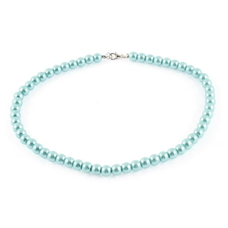 Clasp Link - Woman Metal Clasp Faux Pearl Beaded Linked Necklace Neck Ornament Teal Blue