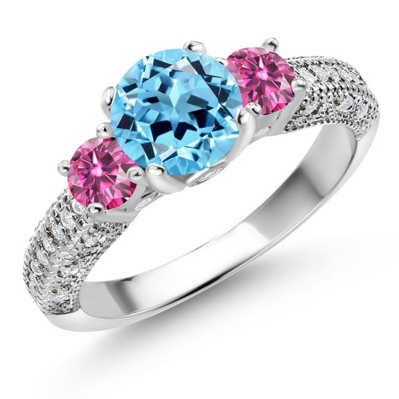 Gem Stone King 925 Sterling Silver Swiss Blue Topaz Pink Moissanite and White Moissanite Engagement Ring for Women (2.19 Cttw, Gemstone November Birthstone, Round 7MM and 4MM, Size 8)
