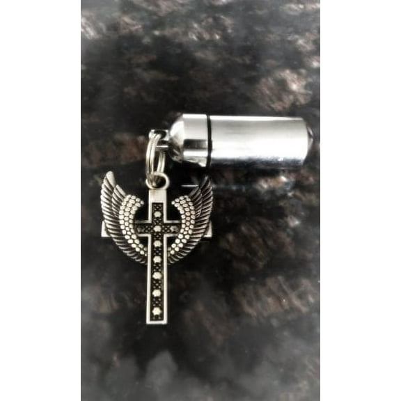 Large Winged Cross Cremation Urn Keychain with Engraved Heart - Includes Velvet Pouch & Fill Kit