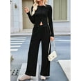 thumbnail image 3 of Women 2 Piece Foldover Yoga Flare Pants Long Sleeve Knit Tops Casual Outfits Matching Tracksuit Set Black S, 3 of 7