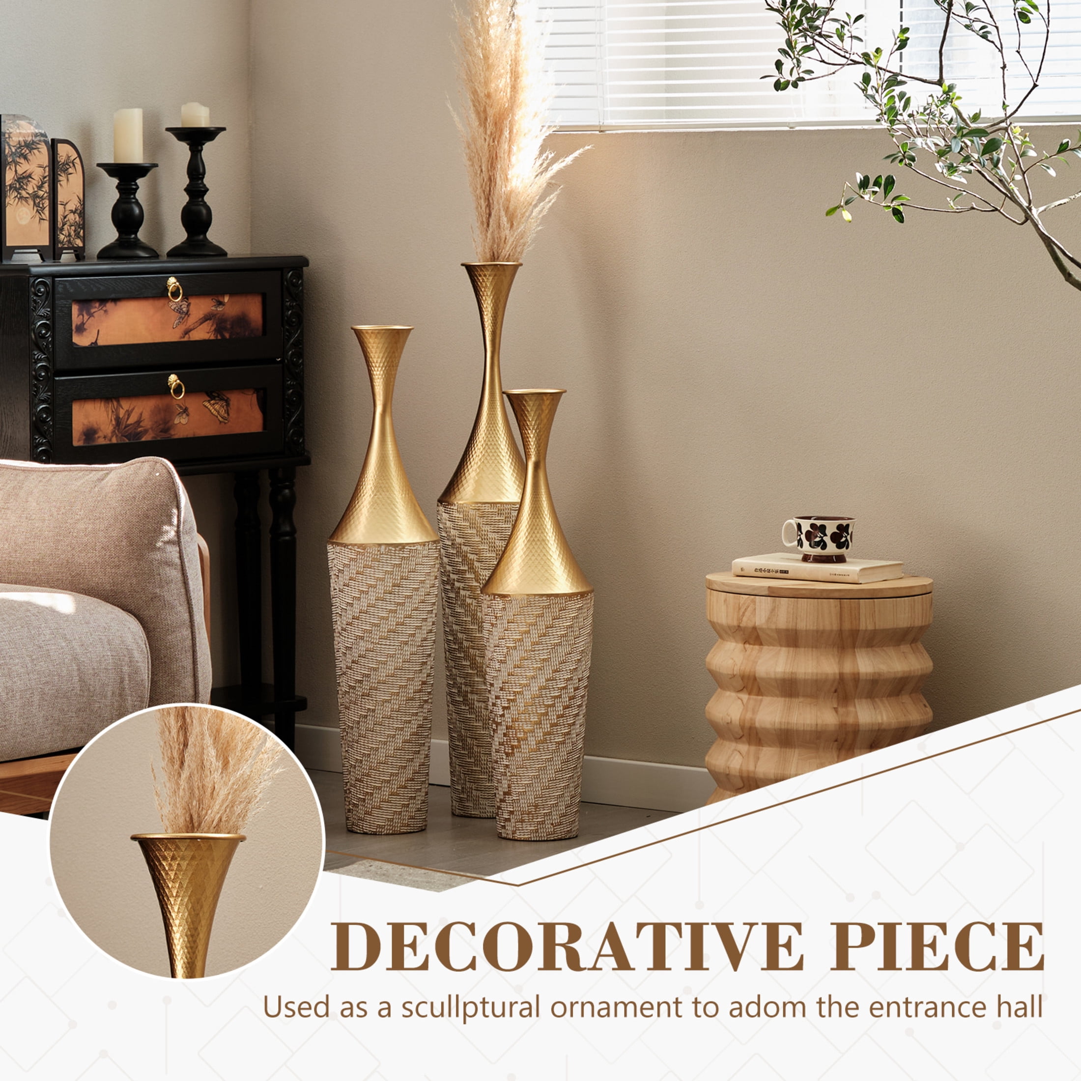 Noble House 27.56", 31.5", 35.43" Metal Floor Vase Set of 3, Textured Handcrafted Vases, Gold+White