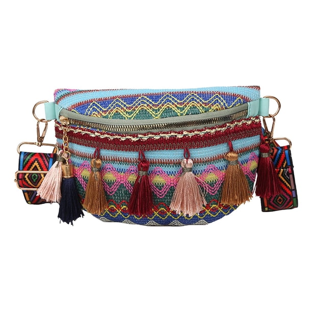 Riñonera bohemia jinwen estilo étnico con borlas Azul