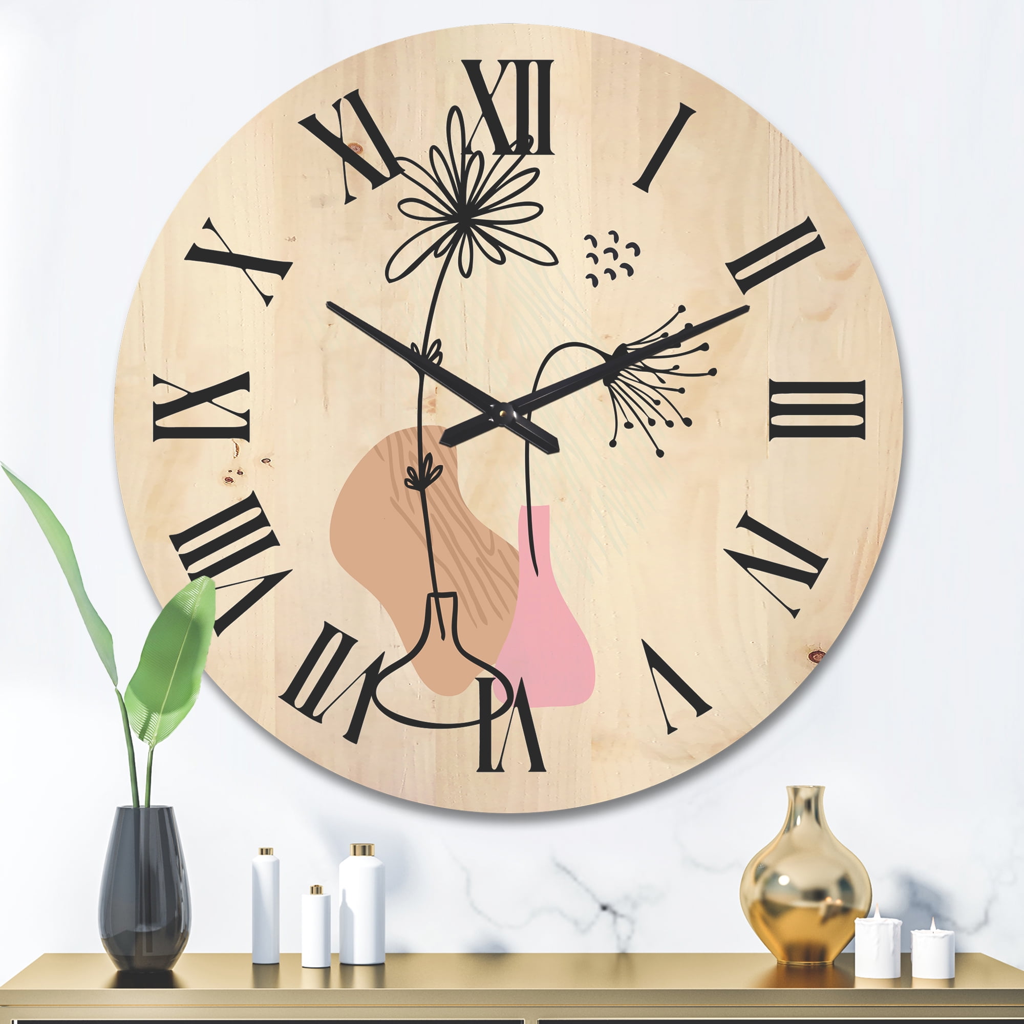 Designart 'Abstract Minimal Shapes Under Flowers III' Modern Wood Wall Clock