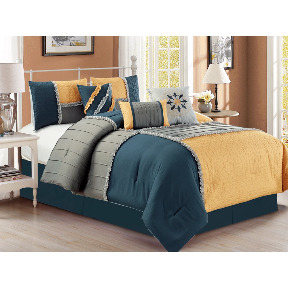 7Pc Patchwork Triangle Stripe Pleated Embossed Comforter Set Navy Blue