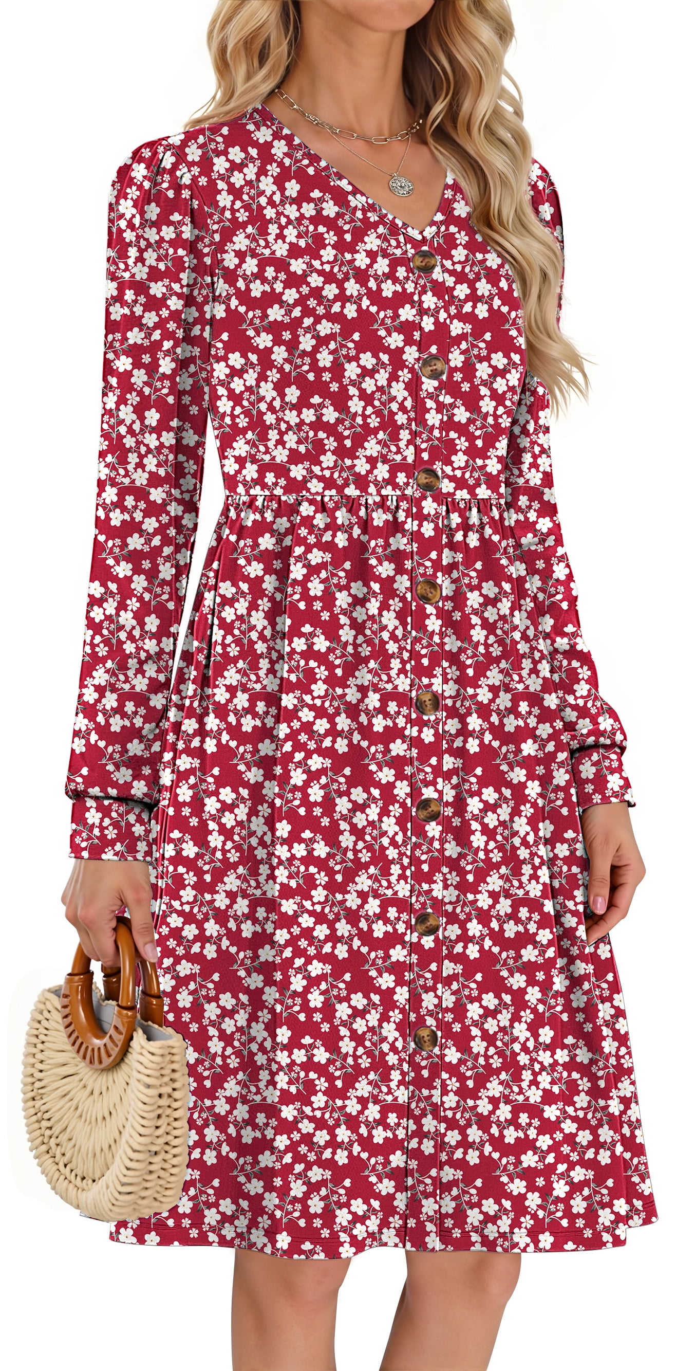 Fantaslook Long Sleeve Dresses for Women V Neck Casual Fall Dress Button Floral Midi Dresses with Pockets