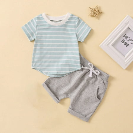 

CQCYD Toddler Baby Boy Summer Clothes Short Sleeve Cartoon Stripe Print T-shirt Tops Shorts Set 2pcs Casual Outfit Casual Pocket Shorts Suit Minimalist Casual Set