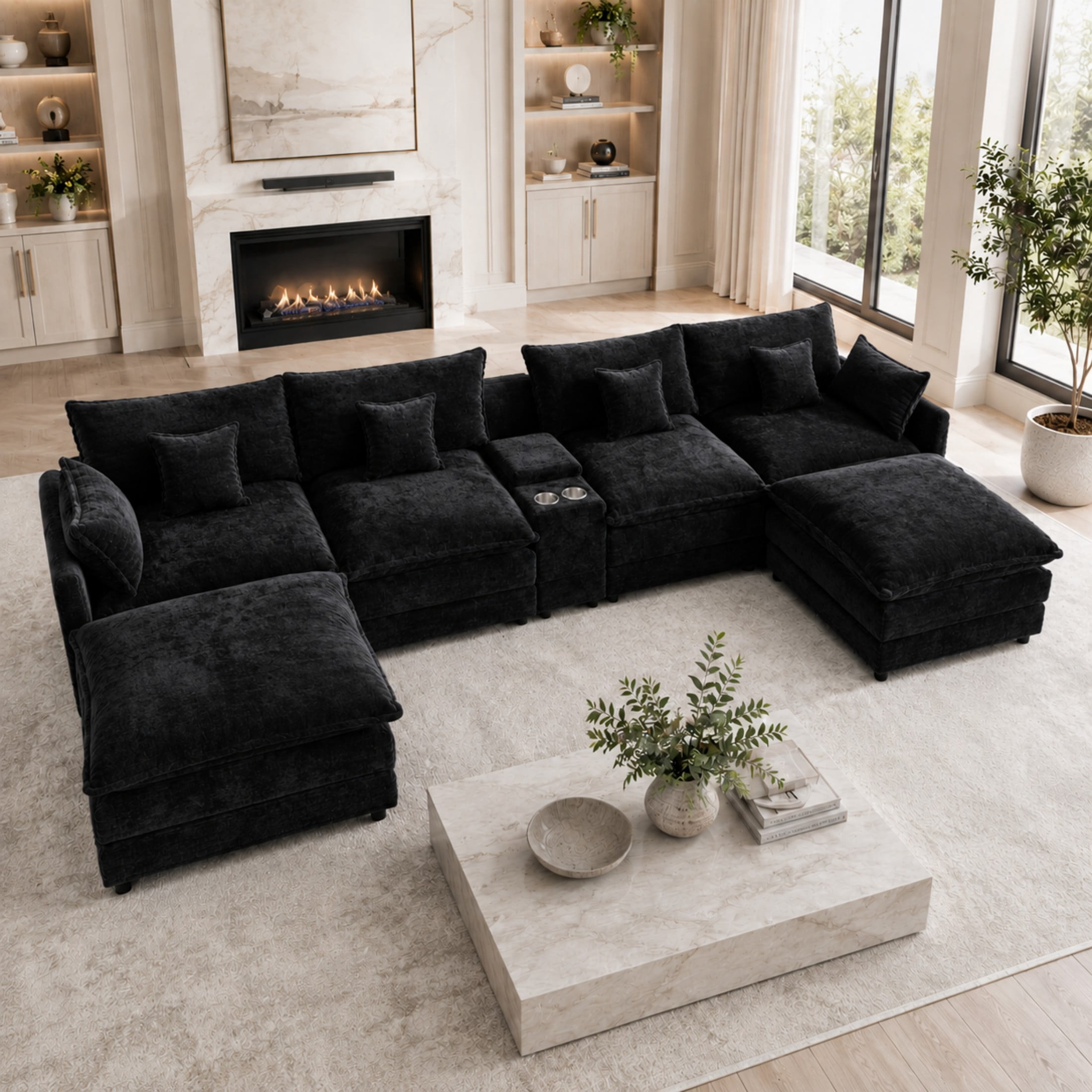 Aenkyo 141-Inch U-Shaped Chenille Cloud Sectional Sofa with Console, Black