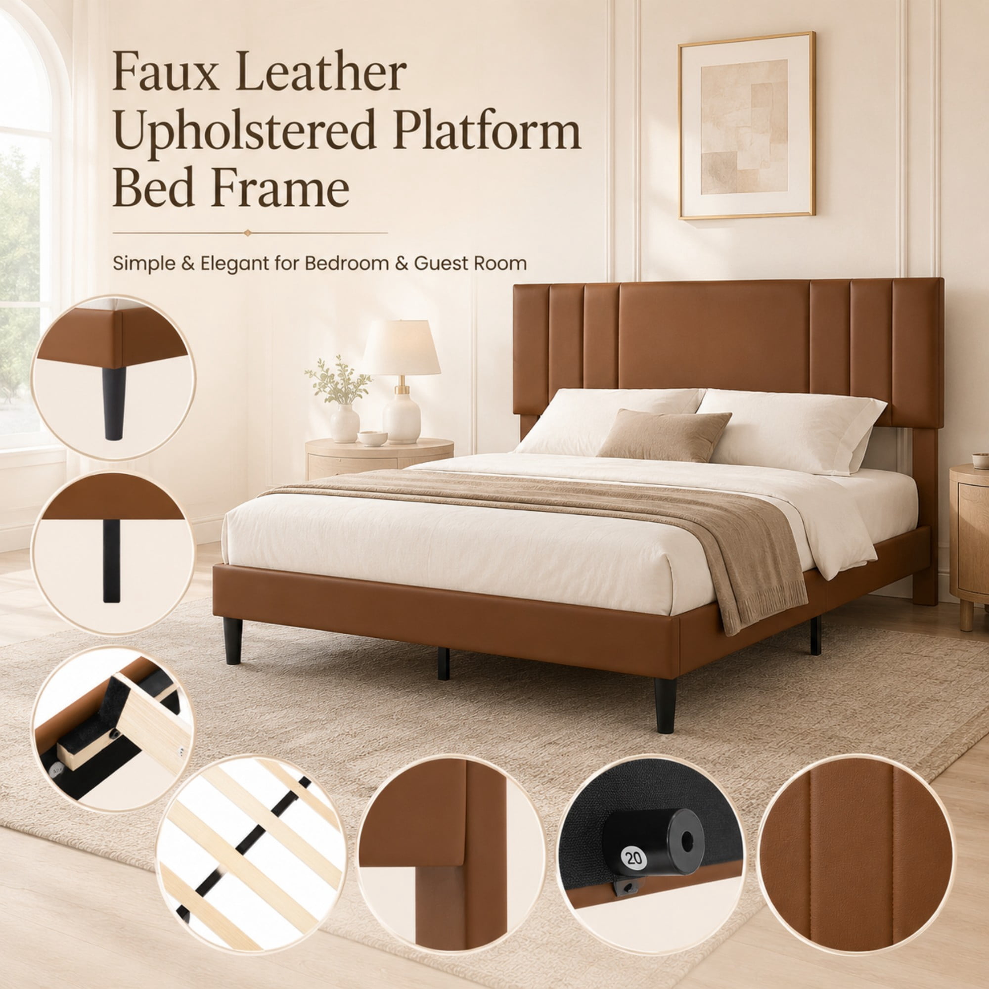 BSHTI Queen Size Faux Leather Upholstered Platform Bed Frame with Adjustable Headboard, Wood Slats, No Box Spring Needed for Bedroom（Brown）