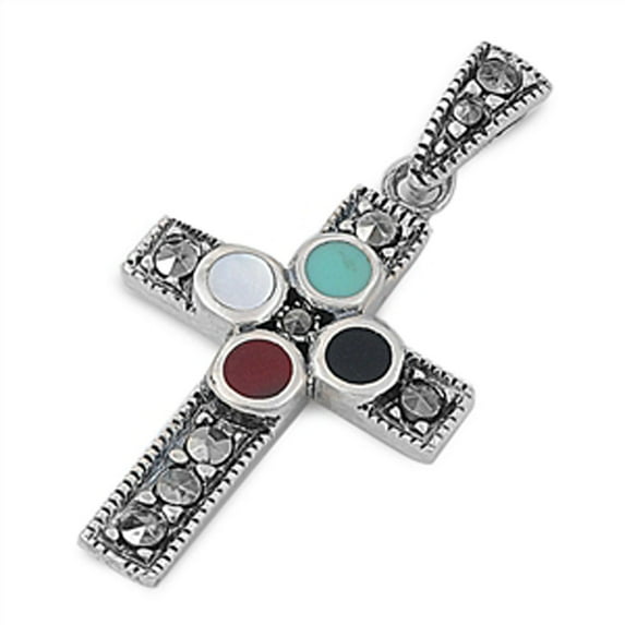 Sterling Silver Funky Multi-Color Cross Pendant Simulated Mother of Pearl Charm 925 Jewelry Female