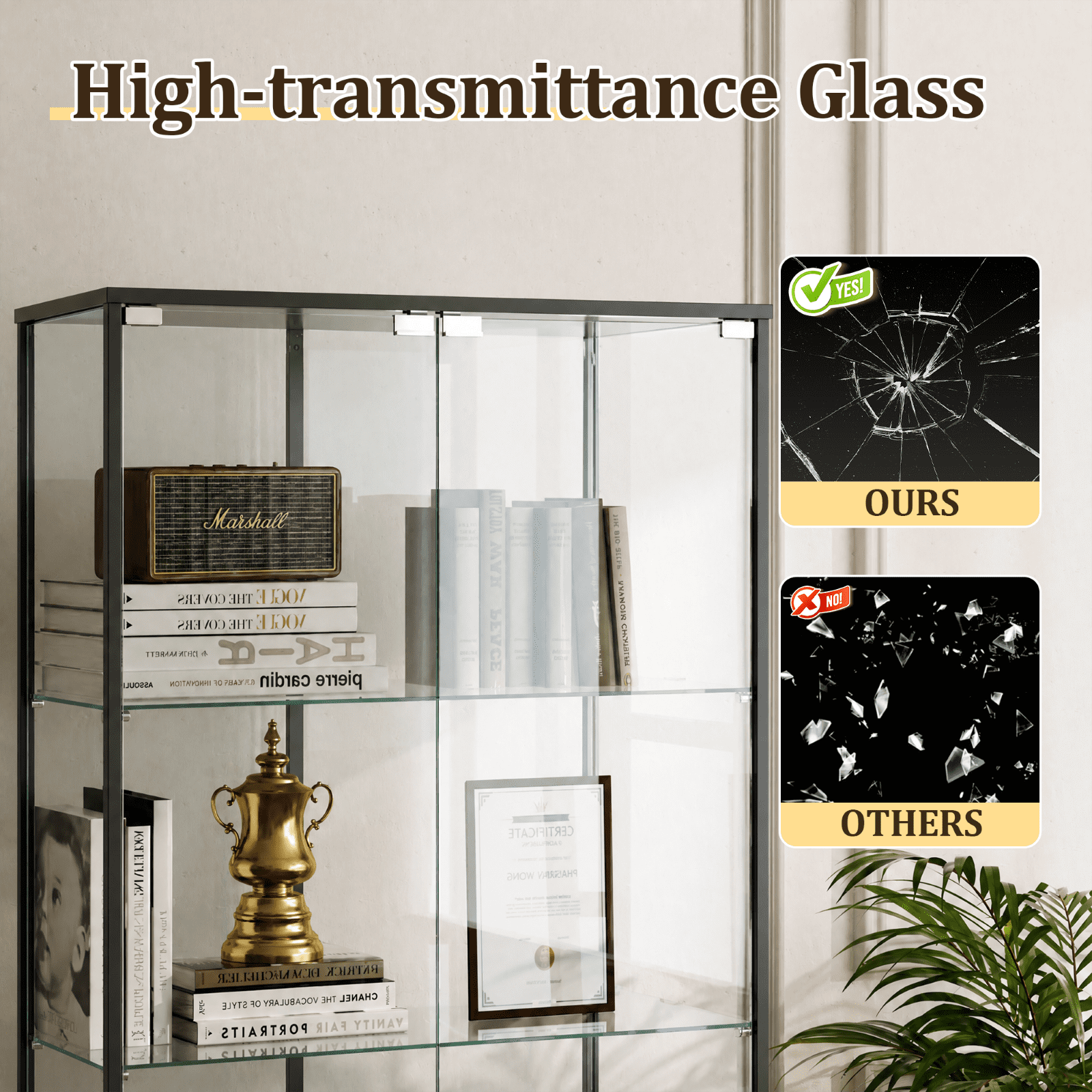 BEAUTYPEAK 4-Tier Display Cabinet with Glass Doors, Double-Door Curio Cases with Aluminum Frame, Black Panels