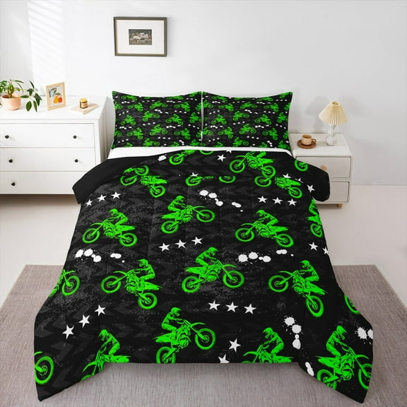 Feelyou Modern Motorcycle Print Bedding Comforter Set for Kid, Est Sleep Sports Twin Comforter Sets, Cartoon Stars Print Reversible Bedding Set, Luxury Bedroom Decor, 2pcs