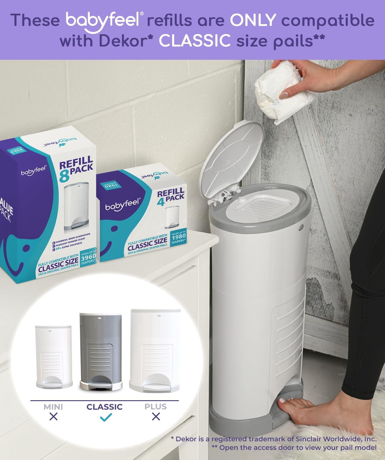 Refills Compatible with DEKOR CLASSIC Diaper Pails | 8 Pack | Exclusive 30% Extra Thickness | Diaper Pail Refills with Powerful Odor Elimination | Powder Scent | Holds up to 3960 Diapers