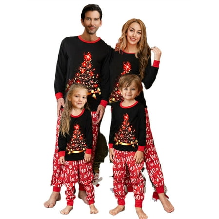 

Mubineo Family Matching Pajamas Sets Black Long Sleeve Christmas Tree Print Tops + Letter Print Pants
