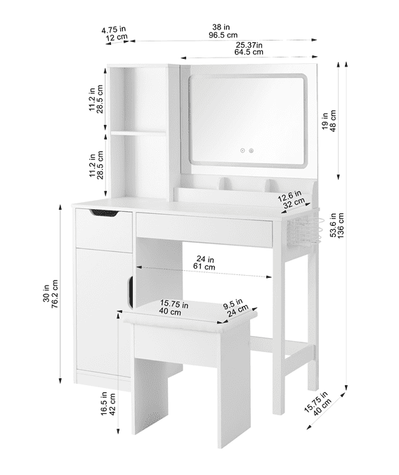 Mainstays Get Ready with Me GRWM Deluxe 2-Piece Vanity and Stool with Lighted Mirror and USB Power, White Finish