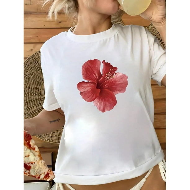 INAWLY Women's Floral Print Round Neck Short Sleeve Casual T-Shirt, Summer Graphic Tees Women Tops