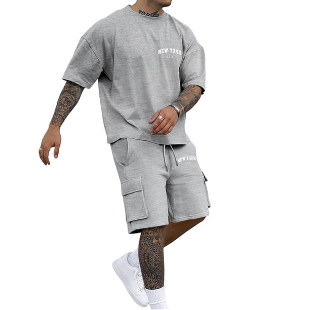 Playeras Cuello V Para Hombre, Conjunto De Dos Piezas De Camiseta Y Pantalones Cortos De Manga Corta Con Estampado Masculino, Camisa Estampada Y Pantalón Corto.