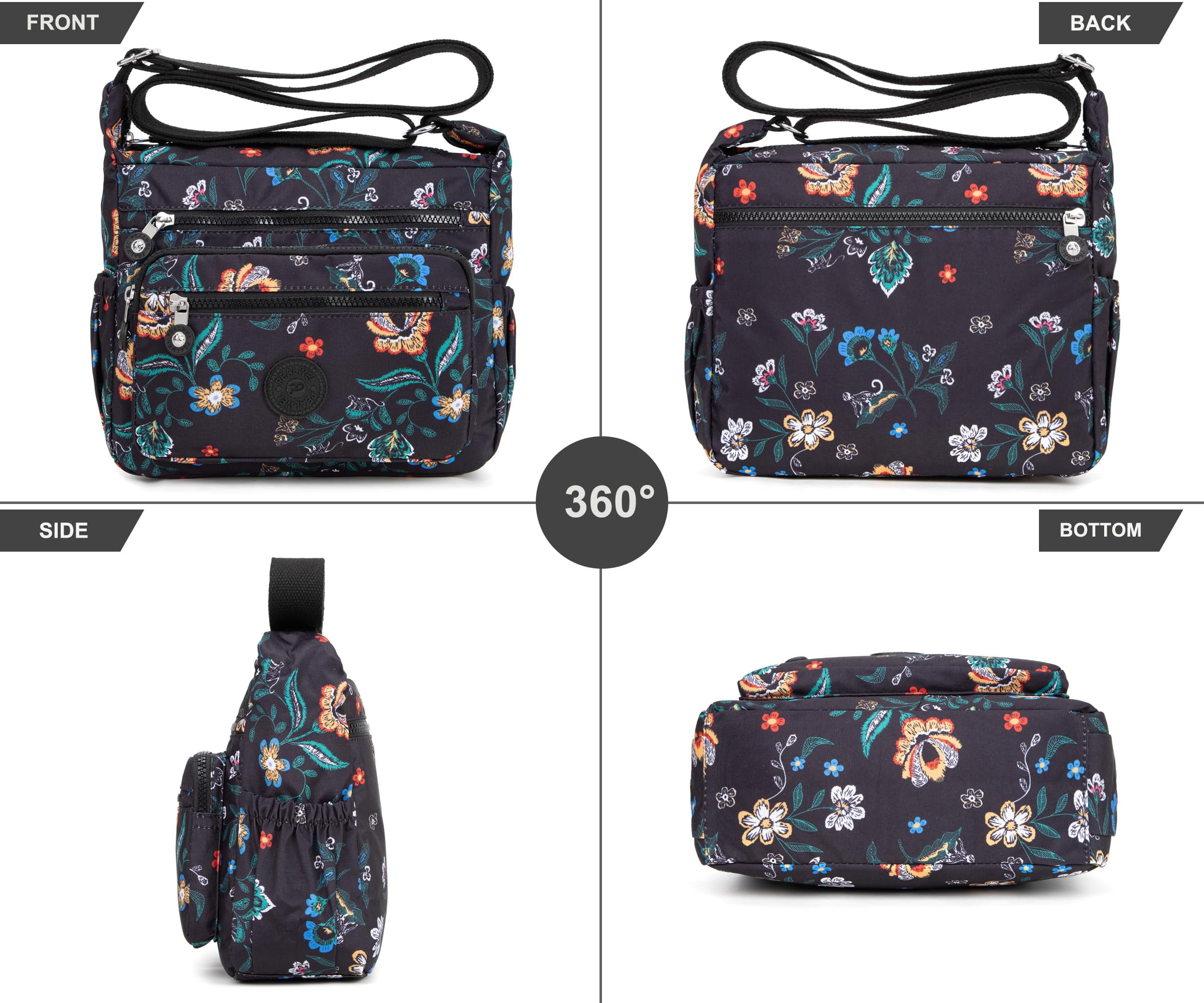AOUNQ Crossbody Bag for Women Multi Pocket Shoulder Purse Bags Nylon Ladies Travel Handbag with Adjustable Straps